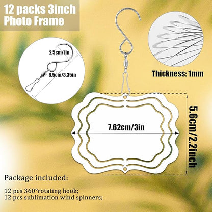 12 Pack 3inch Sublimation Wind Spinner Blanks 3D Aluminum Metal Wind Sculpture Kinetic Spinners for Yard and Garden Indoor Art Sublimation Christmas Ornament Hanging Decoration (Photo Frame)