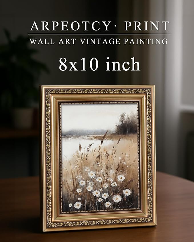 ARPEOTCY Vintage Gold Framed Wall Art, Wildflower Field Paintings, 8x10 inch Small Floral Aesthetic Canvas Picture Prints with Frame, Victorian Wall Decor for Living Room Bathroom Bedroom Shelf