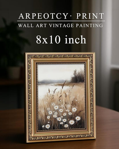 ARPEOTCY Vintage Gold Framed Wall Art, Wildflower Field Paintings, 8x10 inch Small Floral Aesthetic Canvas Picture Prints with Frame, Victorian Wall Decor for Living Room Bathroom Bedroom Shelf