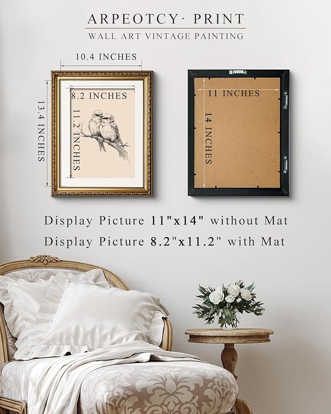 ARPEOTCY Vintage Gold Framed Wall Art, Sketch Birds in Love on a Branch Paintings, Canvas Prints Artwork with Antique Frame, Wall Picture Decor for Bedroom Gallery Living Room, 13x16 inch
