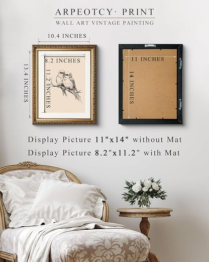 ARPEOTCY Vintage Gold Framed Wall Art, Sketch Birds in Love on a Branch Paintings, Canvas Prints Artwork with Antique Frame, Wall Picture Decor for Bedroom Gallery Living Room, 13x16 inch