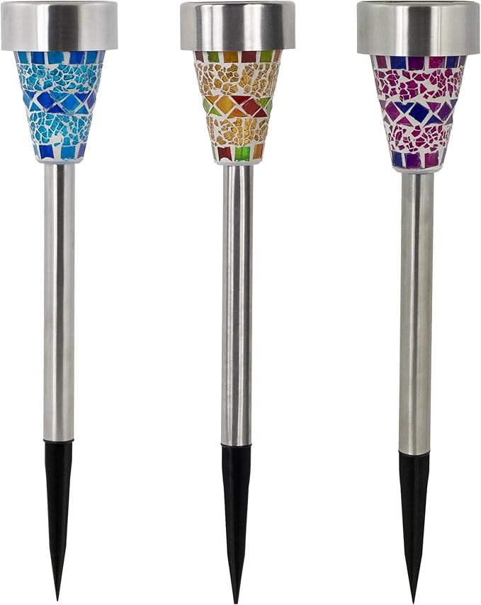 Northlight Set of 3 Mosaic Stained Glass Solar Powered LED Pathway Markers, 15.5"