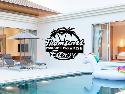 Personalized Pool Metal Sign,Custom Poolside Paradise Family Palm Tree Last Name Patio Sign,Summer Backyard Patio, Decor Outdoor, Gifts for Friend Sister Boyfriend