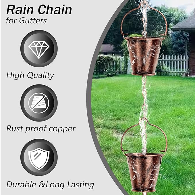 Rain Chain for Outside with Adapter,Wrought Iron Rain Chains 9 FT Set,Rain Chains Gutter with Brown Rain Chain 16 Cup and Decorative Hangers