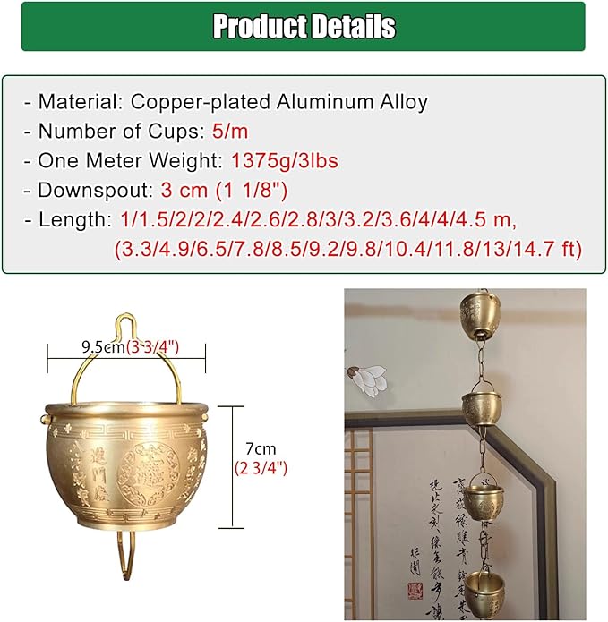 Decorative Rain Chains Waterfall, Hanging Rain Chain Aluminum, Decorative Water Catcher Copper-Plated Cup, Heavy Rain Water Chain for Outside Downspout Gutter, Garden Gift (A 3.2m/9.8 ft)