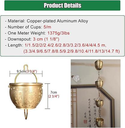 Decorative Rain Chains Waterfall, Hanging Rain Chain Aluminum, Decorative Water Catcher Copper-Plated Cup, Heavy Rain Water Chain for Outside Downspout Gutter, Garden Gift (A 3.2m/9.8 ft)
