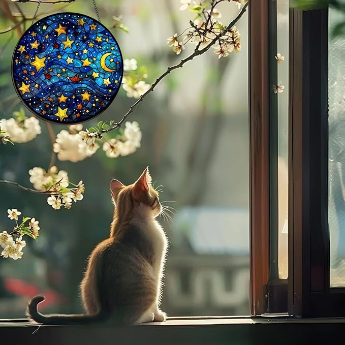 Suncatcher Starry Sky Stained Glass Suncatchers 7.87 Inch Stained Glass Ornament for Home Decor Indoor Wall Art for Mother Women Friends (Starry Sky, M)