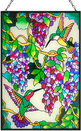 VEWOGARDEN Hummingbird Stained Glass Window Hangings 10" W x 15" H Bird Suncatcher Panel with Chain Windows Hanging Decor Ornament Gift