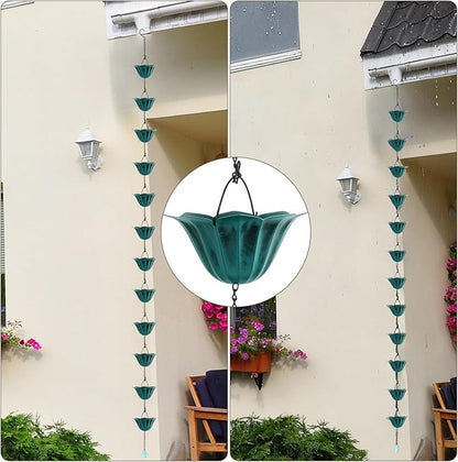 9 FT Rain Chain for Gutters, 12 Lotus Cup Design ， Adjustable Rain Chains for Outside Chains to Replace Downspout，Elegant Water Feature for Garden, Patio. (Lotus Antique Blue)