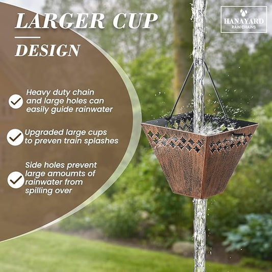 Square Rain Chain Gutter Downspout Copper Rain Chains for Gutters with 12 Cups, Adjustable Rain Catcher Chain with Bell for Outside Water Diverter Garden Decorative Garden, 8.5 Ft
