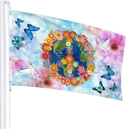 Love Peace Flower Flag 3x5 Ft Outdoor Indoor World Peace Flags Garden Yard Banner Outside Decorative Sign