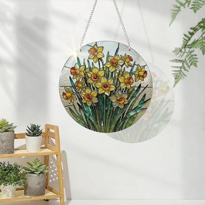 Daffodil Plant Flowers Sun Catchers, Acrylic Hanging Suncatcher for Home Garden Decor, Housewarming Decor, Birthday Gift for Women, Men, Wife, Aunt, and Mom, Flower Lover Gift