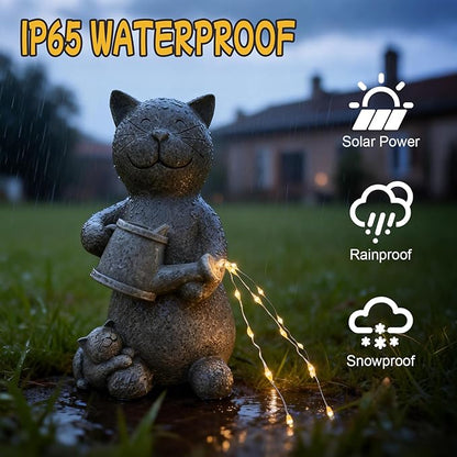 Solar Watering Cat Garden Statues Decor Waterproof Figurine Resin Sculpture Gift for Mom Grandma, Outdoor Decorations for Porch Patio Lawn Yard Home House Gardening Birthday Housewarming (Cat)