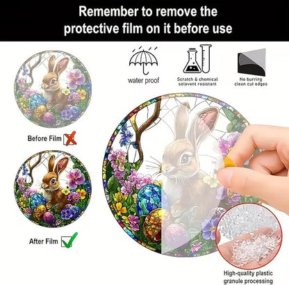 Easter Sun Catcher for Window Hanging Cute Bunny with Floral Designs Colorful Ornament Full Cover Acrylic Stained Glass for Garden Rabbit Suncatcher Room Party Decor Easter Gift