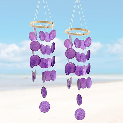 2 Pack Capiz Wind Chimes for Outside, Outdoor Seashell Hanging Beach Coast Ocean Home Decorative, Unique Natural Shell Waterfall Windchimes for Summer Patio, Great Memorial Sympathy Gift（Purple