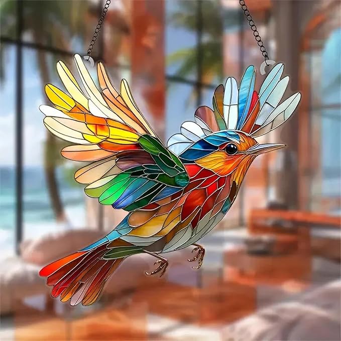 7.8inch Stain Glass Sun Catcher Window Hanging Bird Suncatchers with Metal Chain，Hummingbird Suncatcher Double Side Window Ornament Decoration Indoor Outdoor Ornament for Garden Home Housewarming Gift