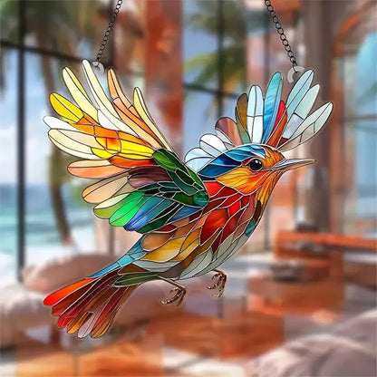 7.8inch Stain Glass Sun Catcher Window Hanging Bird Suncatchers with Metal Chain，Hummingbird Suncatcher Double Side Window Ornament Decoration Indoor Outdoor Ornament for Garden Home Housewarming Gift