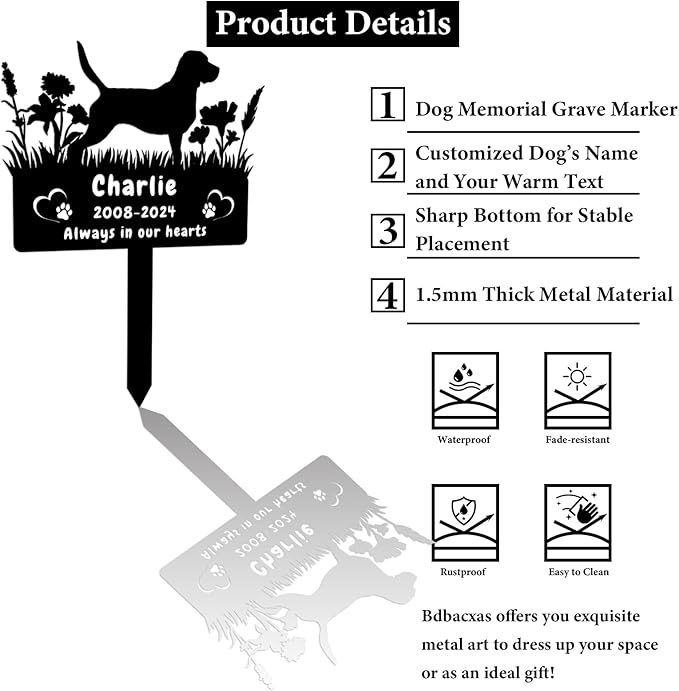Custom Beagle Dog Memorial Grave Marker,Personalized Pet Dog Memorial Garden Stake,Flora Dog Memorial Plaque Burial Stake Engraved Sign,Dog Sympathy Grave Stake,Dog Statue Headstone