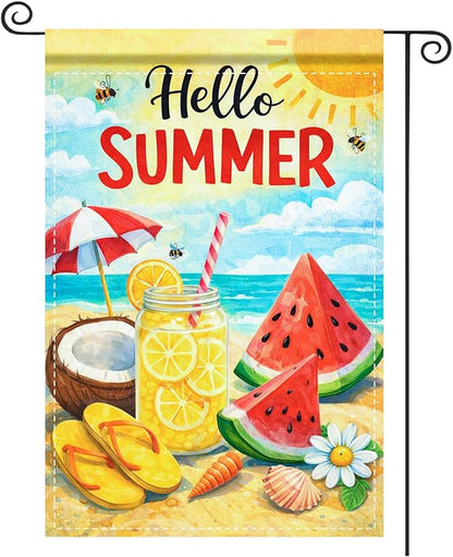 Nuxovilar Summer Garden Flag Hello Summer Lemon Watermelon Beach Pattern Polyester 12x18 Inches Garden Flags for Outside Seasonal Decor Yard Porch Lawn