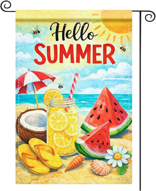 Nuxovilar Summer Garden Flag Hello Summer Lemon Watermelon Beach Pattern Polyester 12x18 Inches Garden Flags for Outside Seasonal Decor Yard Porch Lawn