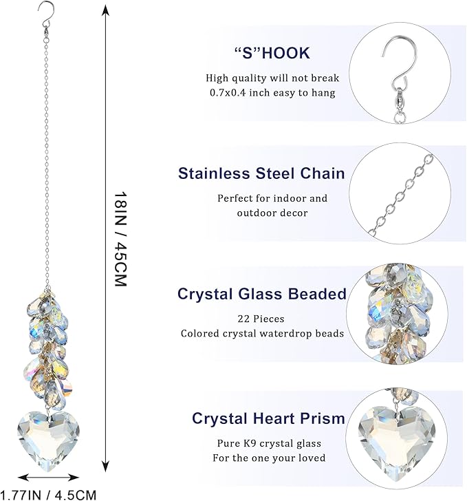 45mm Crystal Glass Heart Prisms Suncatcher Hanging Ornament Chakra Crystals Rainbow Maker with Colors Crystal Pendants for Home,Office,Garden Decoration (Heart)