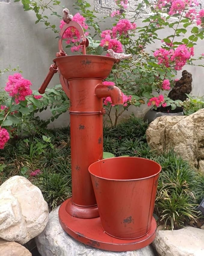 Vintage Garden Water Pump Decor, Rustic Wrought Iron Bird Bath, Red, Blue, White, Rust, Outdoor Yard Decor, Height 22 Inches (red)