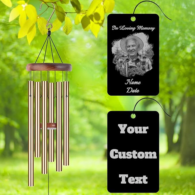 Personalized Custom Wind Chimes Memorial Engraved Gifts for Loss of Loved One Mother Dad Mom Dog Pet Customized Outdoor Sympathy Wind Chimes with Photo Text