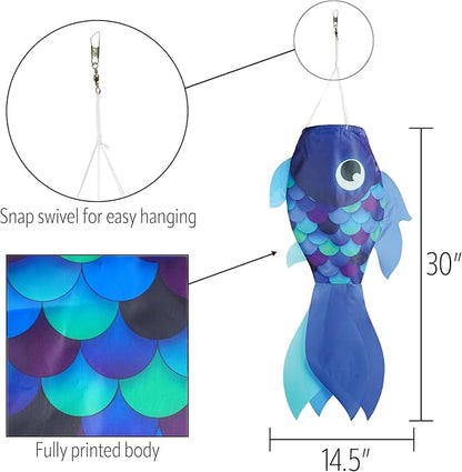 In the Breeze 5219 — 30-inch Cool Damsel Fish Windsock — Colorful Blue Fishsock Hanging Garden Décor with Detailed Printed Graphics