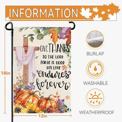 Thanksgiving Garden Flag 12x18 Inch Double Sided Give Thanks to The Lord Cross Yard Garden Flags Burlap Outdoor Fall Pumpkins Flag Holiday Decorations for Outside Home