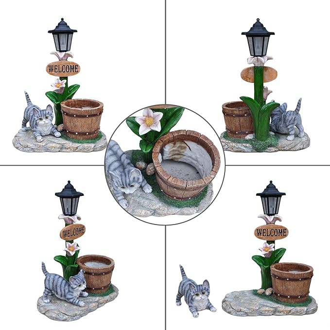 Solar Light Animal Outdoor Statue Planter with Welcome Sign, Resin Garden Sculpture Flower Pot for Patio Lawn Porch Yard Courtyard Decor, Weather-Resistant Decorative Figurine Accent (F)
