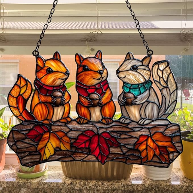 Autumn Squirrel Acrylic Suncatcher Stained Glass Effect Window Car Hanging Christmas Ornament Indoor Outdoor Decor Garden Sun Catcher Panel for Acrylic Suncatcher Lover for Women Mom Grandma