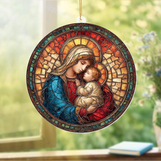 Holy Mother & Child Stained Glass Acrylic Ornament 2025 – Madonna & Child Religious Christmas Ornament, Nativity Window Sun Catcher Acrylic, Catholic Tree Decoration,Keepsake for Holiday Home (Sun-25)