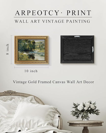 ARPEOTCY Vintage Gold Framed Wall Art, Nature Streamside Retro Paintings, 8x10 inch Small Canvas Prints Artwork with Antique Frame, Victorian Wall Pictures Decor for Living Room Gallery Room Shelf