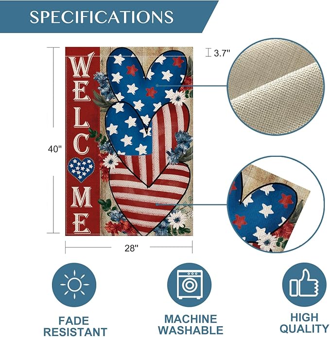 AVOIN colorlife 4th of July Love Heart House Flag 28x40 Inch Double Sided Outside, Welcome Independence Day Patriotic Stars and Stripes Yard Outdoor Decoration