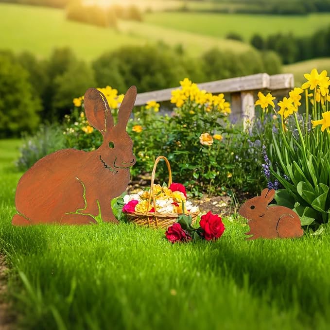 CroBlissful 2 Pack Mama and Baby Bunny Garden Stake, Metal Realistic Long Ear Rabbit Animal Stake Pack Decorative Garden Stakes Yard Art Flowerbed Outdoor Decoration, Rust