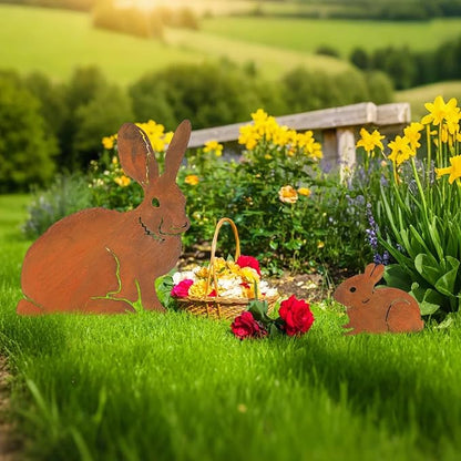 CroBlissful 2 Pack Mama and Baby Bunny Garden Stake, Metal Realistic Long Ear Rabbit Animal Stake Pack Decorative Garden Stakes Yard Art Flowerbed Outdoor Decoration, Rust
