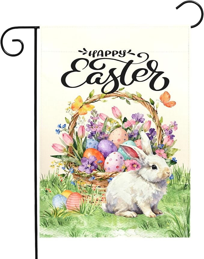 Happy Easter Garden Flag with Bunny Basket Spring Tulips Wildflowers Eggs Cute Rabbit Yard Flags Double Sided Welcome Spring Easter Houde Banner for Porch Lawn Patio Holiday Décor 12 x 18 In