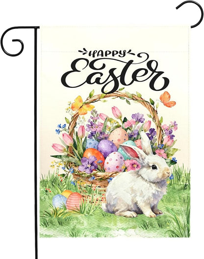 Happy Easter Garden Flag with Bunny Basket Spring Tulips Wildflowers Eggs Cute Rabbit Yard Flags Double Sided Welcome Spring Easter Houde Banner for Porch Lawn Patio Holiday Décor 12 x 18 In