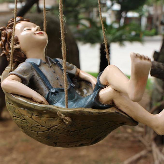 Swing Statue Tree Hanging Ornament Sleeping Boy Look Swinging Figurine Sculpture Decor for Outdoor Garden Courtyard