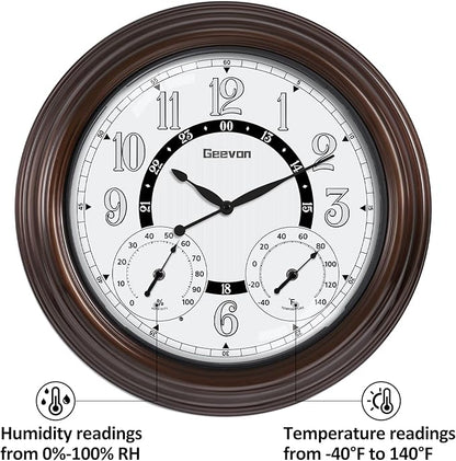 Geevon Illuminated Outdoor Clocks Waterproof with Temperature & Humidity, 18 Inch Large Lighted Wall Clock for Patio, Pool & Garden, Retro Metal Bronze Frame