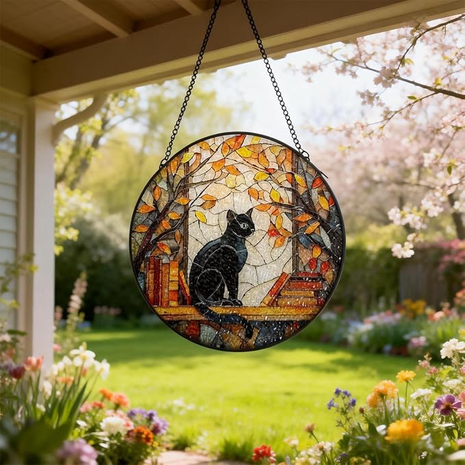 Black Cat Stained Glass Window Hanging Suncatcher, Fall Leaves & Bookshelf Sun Catchers Art Decor Ornament for Home Garden Farmhouse, Birthday Gift for Cat Lovers Mom Women Nana, 7.8 Inch