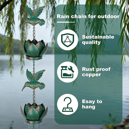 7.87ft Rain Chain for Gutters Downspouts Outside, Decorative Rain Chain with Hummingbird and Lotus Design, Adjustable Rains Catcher Chains with Bell for Eaves Drainage