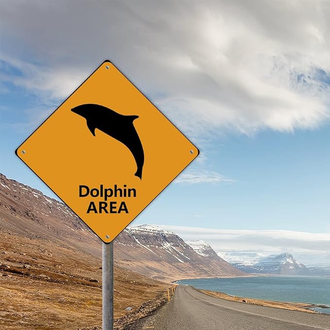 Warning Dolphin Area Metal Tin Sign Ocean Animal Caution Crossing Xing Street Sign Yellow Diamond Shape Funny Metal Sign For Indoor Outdoor Highway10x10in