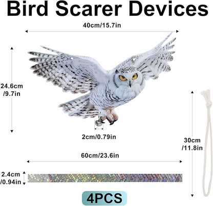 4Pack Plastic Owl Fake Owls, Reflective Owl Hanging Decoration, Barn Swallow Deterrent Dual-Side Printed Raster Fake Hawk for Garden Patio Windows