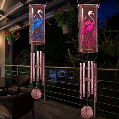 FSVGYY Solar Wind Chimes Hanging Lights Outdoor Metal Wind Chimes Memorial Wind Chime for Garden/Patio Decor Gifts for Women, Grandma, Mom (30" Metal Chimes/Flamingo)