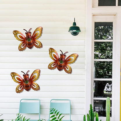 Garden Decor Metal Bee Wall Art Sculpture, Large Bee Wall Decor Garden Decoration Hanging for Yard Lawn Patio Living Room Bedroom, 3 Pack, Gift for Family