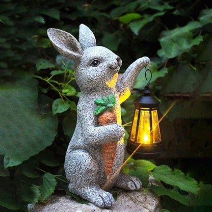 Garden Statues Rabbit Solar Lantern Outdoor Handmade Resin Statue Bunny with Cute Carrot for Patio, Yard, Mother's Day Gift Ideas