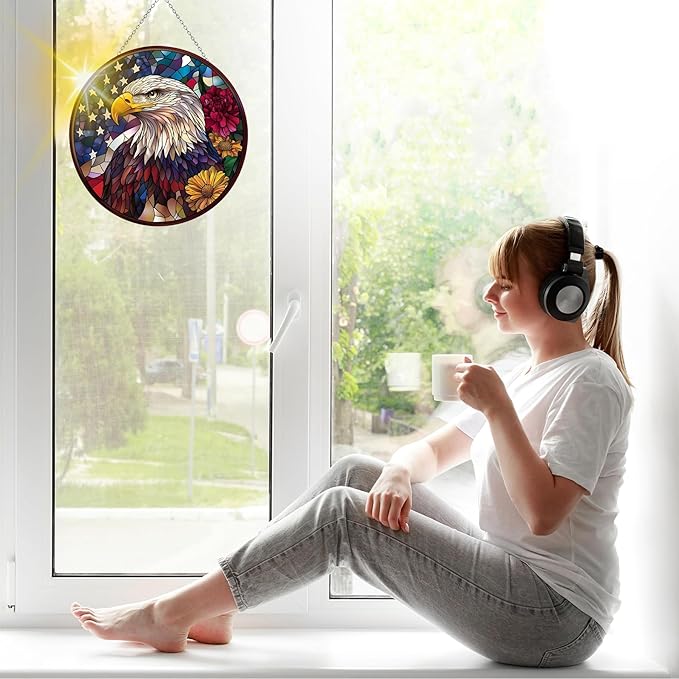 VAIIEYO Eagle Sun Catcher Stained Glass Window Hanging Ornament, Handmade Bird Sun Catcher Animal Decoration with Hooks for Window Garden Home, Mother's Day & Birthday Housewarming Gift (7.8 inch)