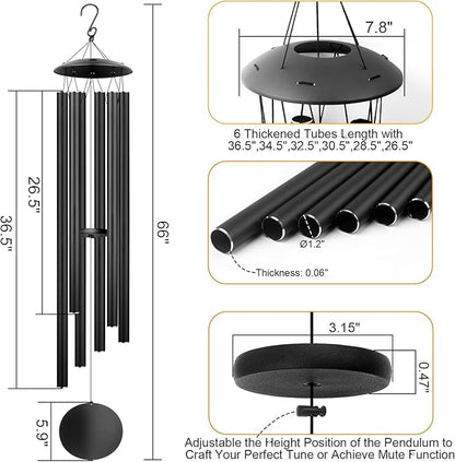 66" Large Wind Chimes for Outside Deep Tone, 6 Thickened ⌀ 1.2" Tubes Tuned Relaxing Melody Wind Chime, Windchimes Outdoors for Garden Patio Decor, Great Gift Idea for Your Loved One (Black, 66")