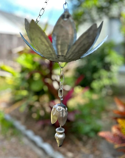 Zeckos Galvanized Grey Metal Lotus Flower Rain Chain Gutter Downspout Accent, 70 Inches Long - Installs Easily - Adding Charm and Style to Your Outdoor Space